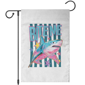 Funny Bite Me Shark Lover Garden Flag Summer Beach Nautical Stripes Glitter Print