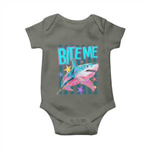 Funny Bite Me Shark Lover Baby Onesie Summer Beach Nautical Stripes Glitter Print