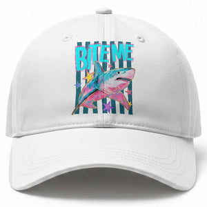 Funny Bite Me Shark Lover Baseball Cap Summer Beach Nautical Stripes Glitter Print