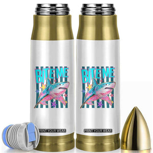 Funny Bite Me Shark Lover Bullet Tumbler Summer Beach Nautical Stripes Glitter Print