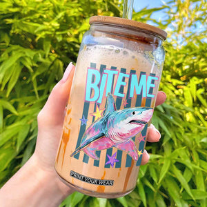 Funny Bite Me Shark Lover Glass Can Summer Beach Nautical Stripes Glitter Print