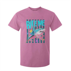Funny Bite Me Shark Lover T Shirt For Kid Summer Beach Nautical Stripes Glitter Print