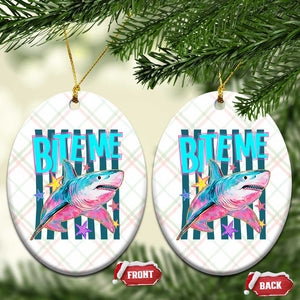 Funny Bite Me Shark Lover Ceramic Ornament Summer Beach Nautical Stripes Glitter Print