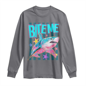 Funny Bite Me Shark Lover Long Sleeve Shirt Summer Beach Nautical Stripes Glitter Print