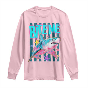Funny Bite Me Shark Lover Long Sleeve Shirt Summer Beach Nautical Stripes Glitter Print