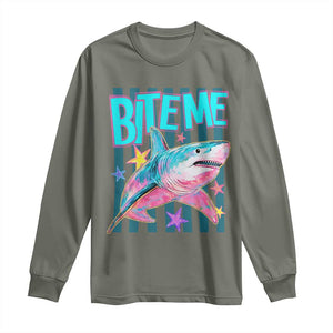 Funny Bite Me Shark Lover Long Sleeve Shirt Summer Beach Nautical Stripes Glitter Print