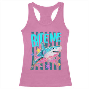 Funny Bite Me Shark Lover Racerback Tank Top Summer Beach Nautical Stripes Glitter Print