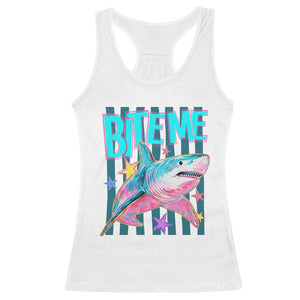 Funny Bite Me Shark Lover Racerback Tank Top Summer Beach Nautical Stripes Glitter Print