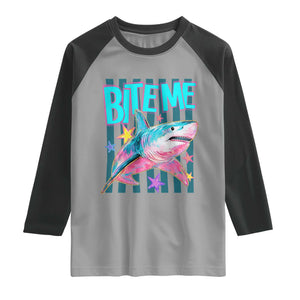 Funny Bite Me Shark Lover Raglan Shirt Summer Beach Nautical Stripes Glitter Print