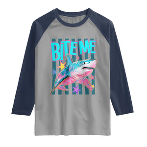 Funny Bite Me Shark Lover Raglan Shirt Summer Beach Nautical Stripes Glitter Print