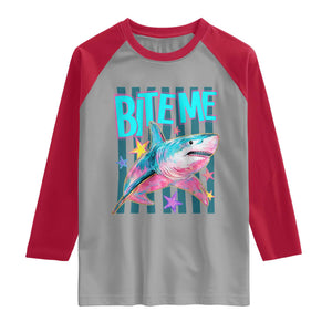 Funny Bite Me Shark Lover Raglan Shirt Summer Beach Nautical Stripes Glitter Print