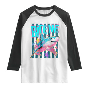 Funny Bite Me Shark Lover Raglan Shirt Summer Beach Nautical Stripes Glitter Print