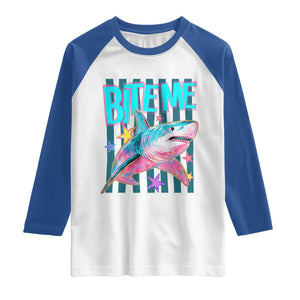 Funny Bite Me Shark Lover Raglan Shirt Summer Beach Nautical Stripes Glitter Print