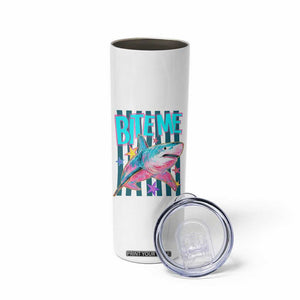 Funny Bite Me Shark Lover Skinny Tumbler Summer Beach Nautical Stripes Glitter Print