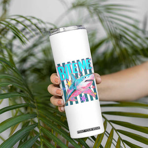 Funny Bite Me Shark Lover Skinny Tumbler Summer Beach Nautical Stripes Glitter Print