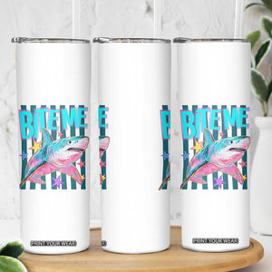 Funny Bite Me Shark Lover Skinny Tumbler Summer Beach Nautical Stripes Glitter Print