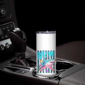 Funny Bite Me Shark Lover Skinny Tumbler Summer Beach Nautical Stripes Glitter Print