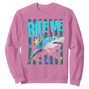 Funny Bite Me Shark Lover Sweatshirt Summer Beach Nautical Stripes Glitter Print