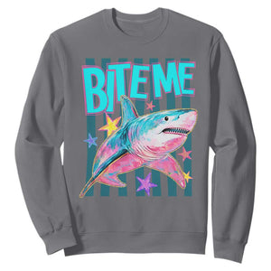 Funny Bite Me Shark Lover Sweatshirt Summer Beach Nautical Stripes Glitter Print