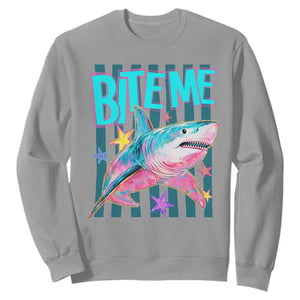 Funny Bite Me Shark Lover Sweatshirt Summer Beach Nautical Stripes Glitter Print