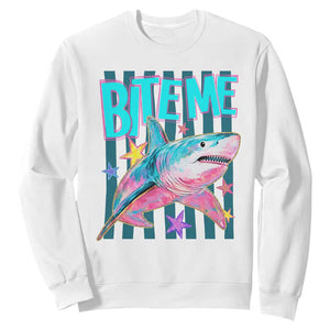 Funny Bite Me Shark Lover Sweatshirt Summer Beach Nautical Stripes Glitter Print