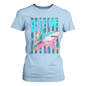 Funny Bite Me Shark Lover T Shirt For Women Summer Beach Nautical Stripes Glitter Print