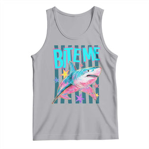 Funny Bite Me Shark Lover Tank Top Summer Beach Nautical Stripes Glitter Print