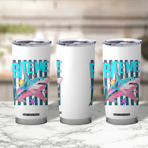 Funny Bite Me Shark Lover Tumbler Cup Summer Beach Nautical Stripes Glitter Print