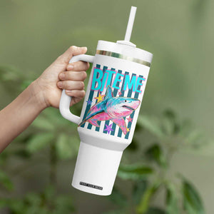 Funny Bite Me Shark Lover Tumbler With Handle Summer Beach Nautical Stripes Glitter Print