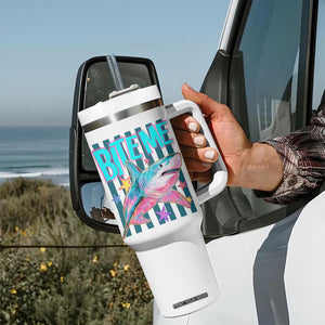 Funny Bite Me Shark Lover Tumbler With Handle Summer Beach Nautical Stripes Glitter Print