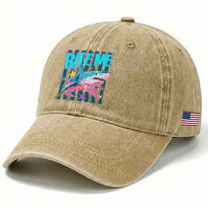 Funny Bite Me Shark Lover Washed Cotton Baseball Cap Summer Beach Nautical Stripes Glitter Print