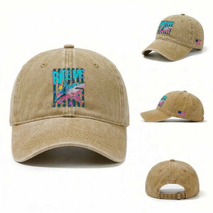 Funny Bite Me Shark Lover Washed Cotton Baseball Cap Summer Beach Nautical Stripes Glitter Print