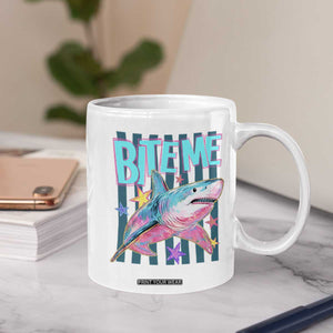 Funny Bite Me Shark Lover Coffee Mug Summer Beach Nautical Stripes Glitter Print