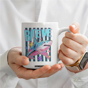 Funny Bite Me Shark Lover Coffee Mug Summer Beach Nautical Stripes Glitter Print