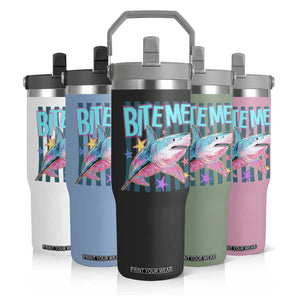 Funny Bite Me Shark Lover Flip Straw Tumbler Summer Beach Nautical Stripes Glitter Print