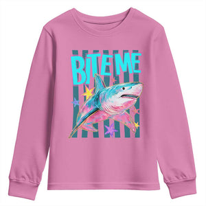 Funny Bite Me Shark Lover Youth Sweatshirt Summer Beach Nautical Stripes Glitter Print