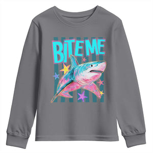 Funny Bite Me Shark Lover Youth Sweatshirt Summer Beach Nautical Stripes Glitter Print