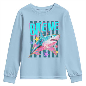 Funny Bite Me Shark Lover Youth Sweatshirt Summer Beach Nautical Stripes Glitter Print