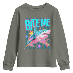 Funny Bite Me Shark Lover Youth Sweatshirt Summer Beach Nautical Stripes Glitter Print