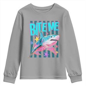 Funny Bite Me Shark Lover Youth Sweatshirt Summer Beach Nautical Stripes Glitter Print
