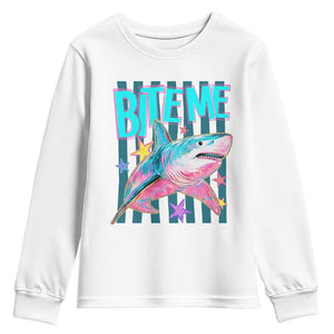 Funny Bite Me Shark Lover Youth Sweatshirt Summer Beach Nautical Stripes Glitter Print
