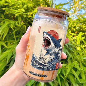 Megalodon Shark Japanese Vintage Graphic Ukiyo e Art Glass Can