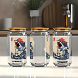 Megalodon Shark Japanese Vintage Graphic Ukiyo e Art Glass Can