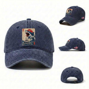 Megalodon Shark Japanese Vintage Graphic Ukiyo e Art Washed Cotton Baseball Cap