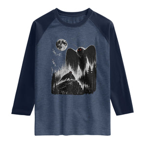 Mothman Howling at Moon 90s Retro Raglan Shirt Funny West Virginia Cryptid