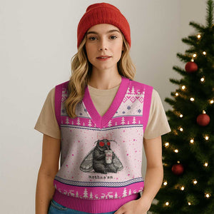 Funny Mothman Mothma'am Cute Pink Bow Coquette V-Neck Knit Sweater Vest