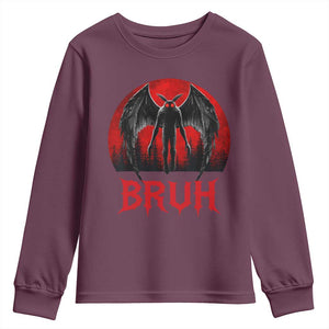 Funny Bruh Mothman Youth Sweatshirt Cryptozoology Cryptid Humor Weirdcore Horror Moon