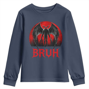 Funny Bruh Mothman Youth Sweatshirt Cryptozoology Cryptid Humor Weirdcore Horror Moon