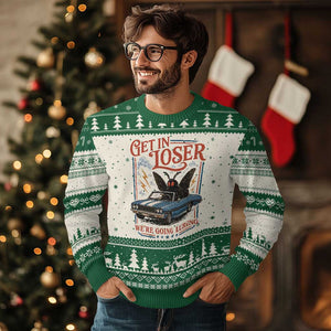 Funny Mothman Ugly Christmas Sweater Get In Loser We Are Going Lurking Cryptid Lover
