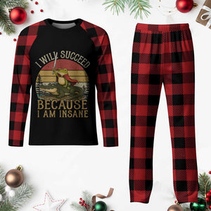I Will Succeed Because I Am Insane Funny Frog Riding Alligator Plaid Pajama Set